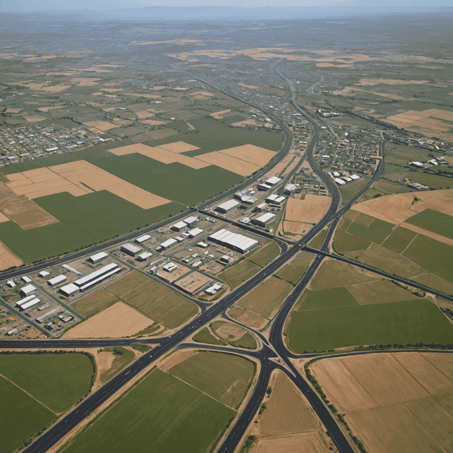 Aerial view of a South African landscape showing both urban and rural areas connected by roads and supply chain infrastructure