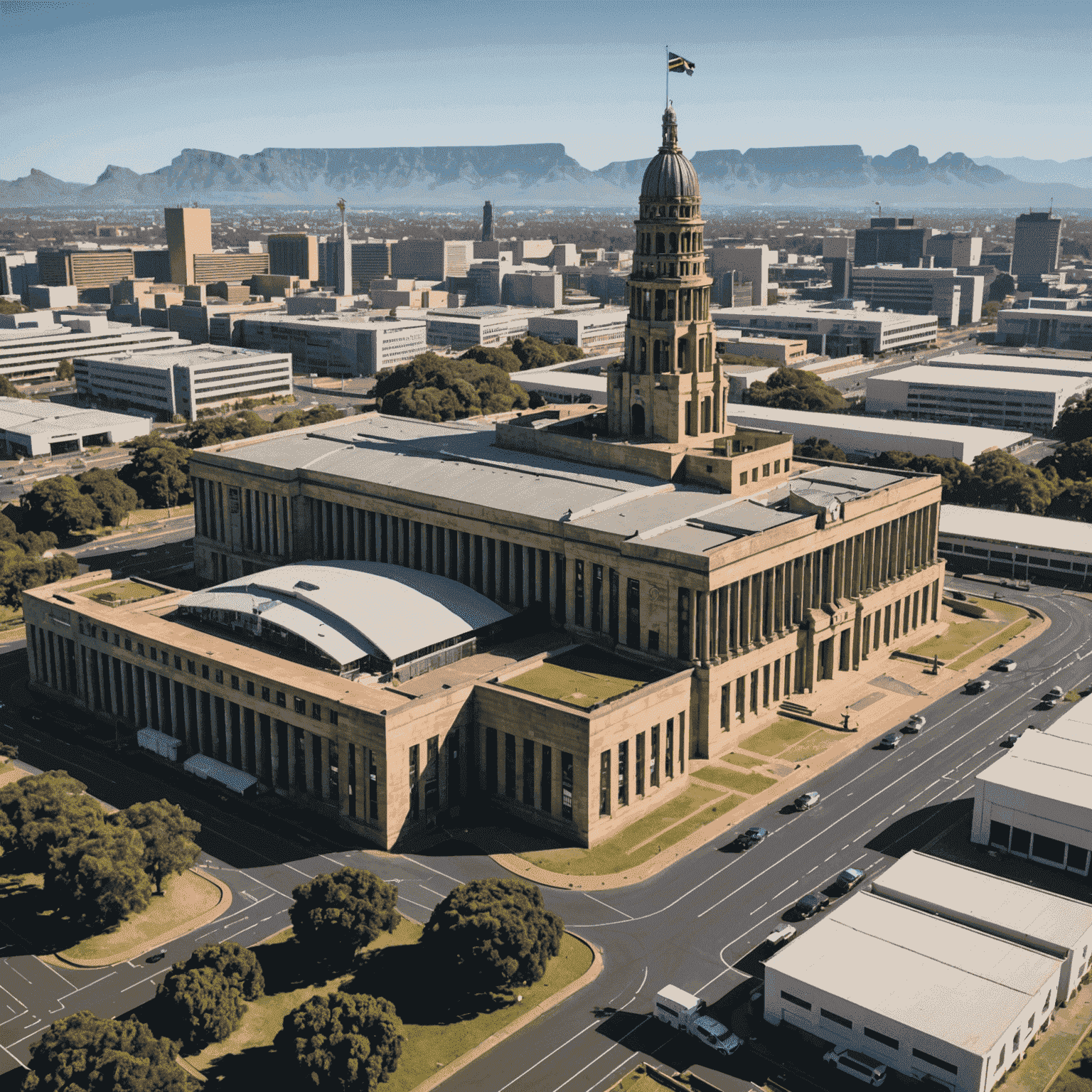 South African parliament building with industrial facilities in the background, symbolizing the intersection of legislation and local production