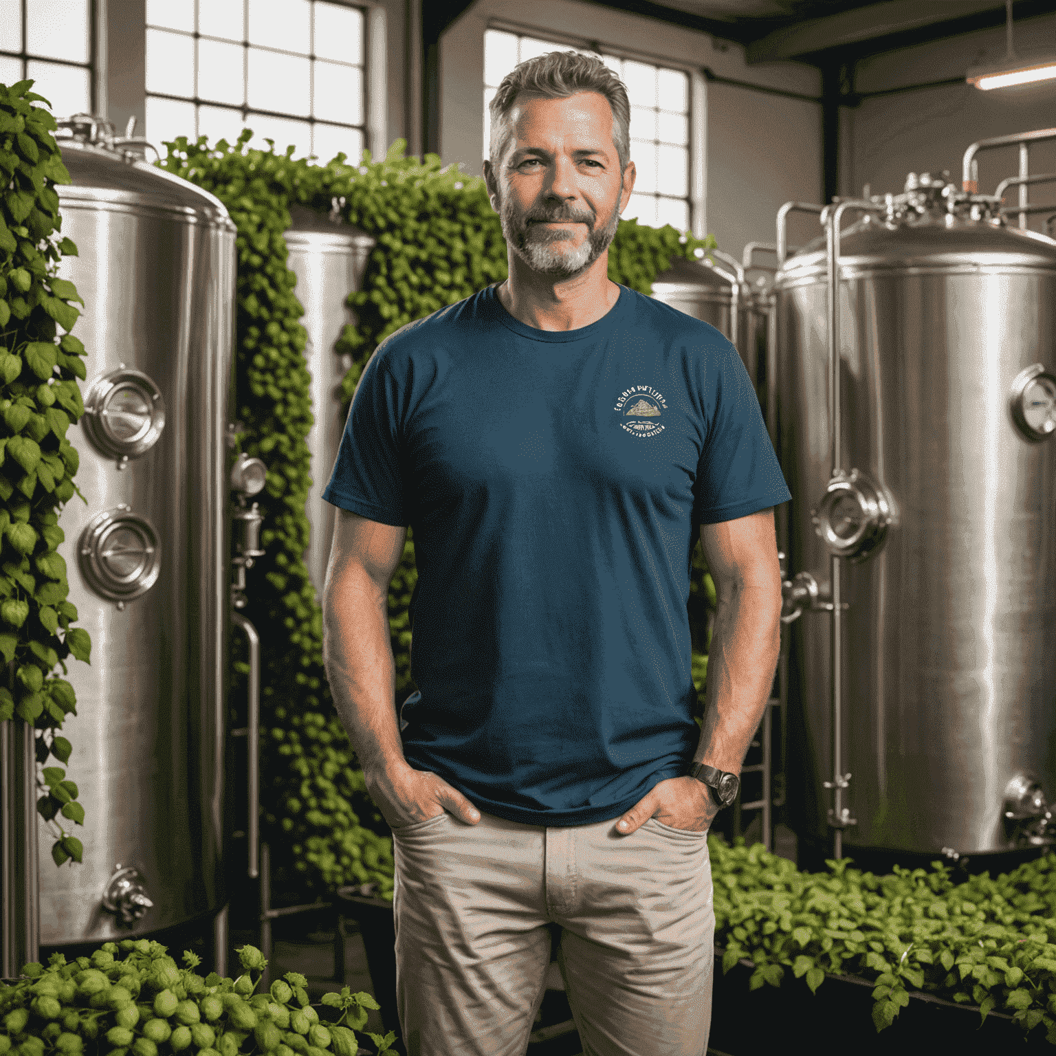 Cape Town Craft Brewery owner standing proudly in front of brewing tanks, surrounded by locally sourced hops plants