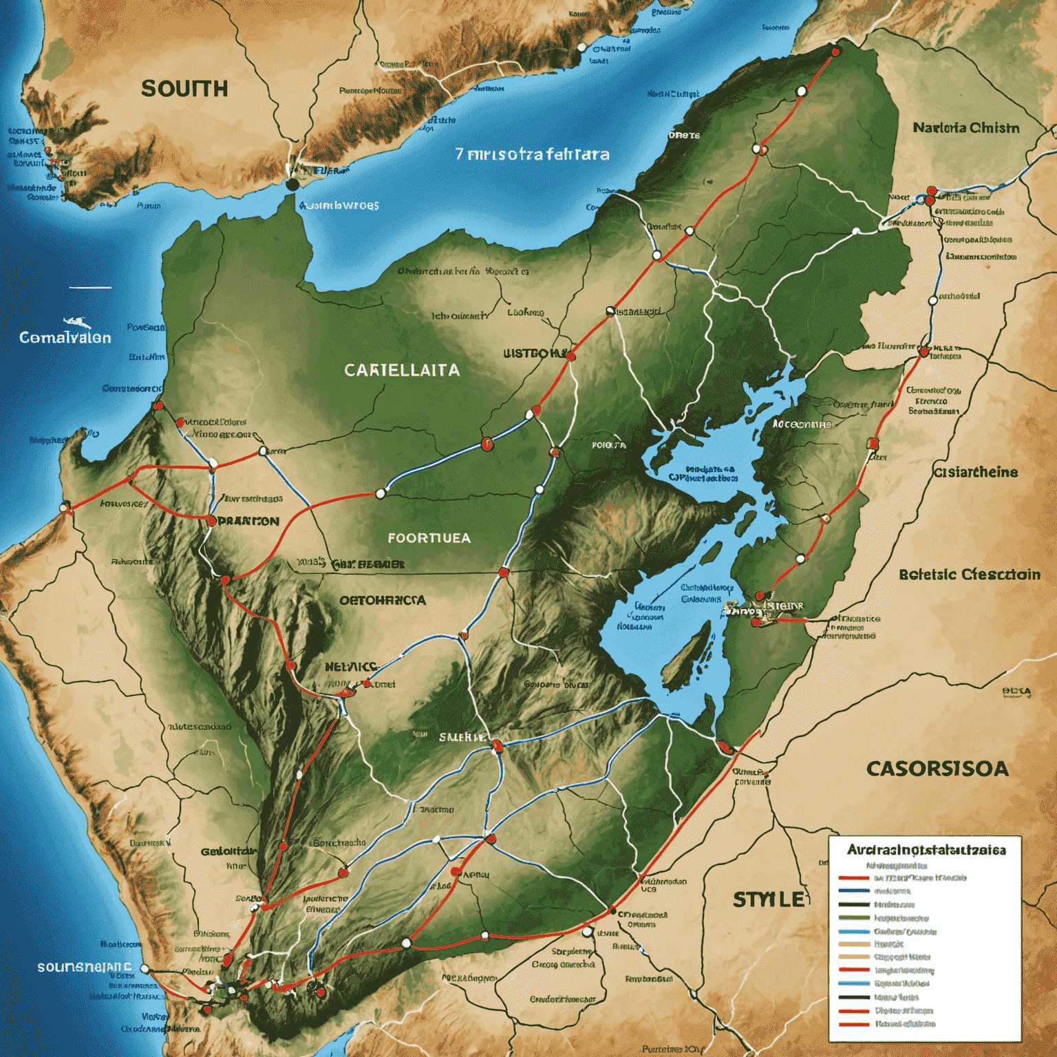 Map of South Africa showing major supply chain routes, with highlighted areas representing optimization opportunities