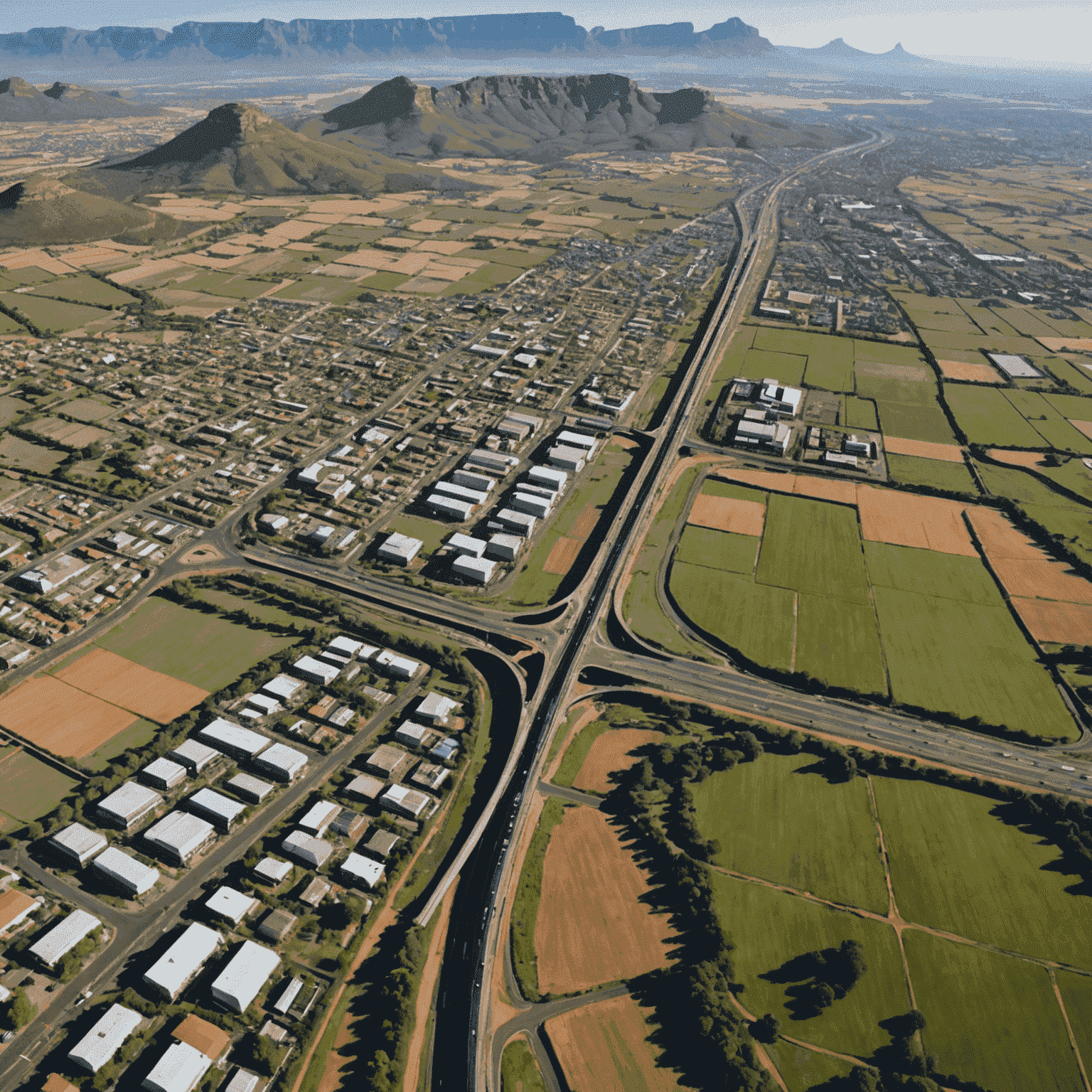 Aerial view of a South African landscape showing urban centers connected to rural areas via roads and infrastructure