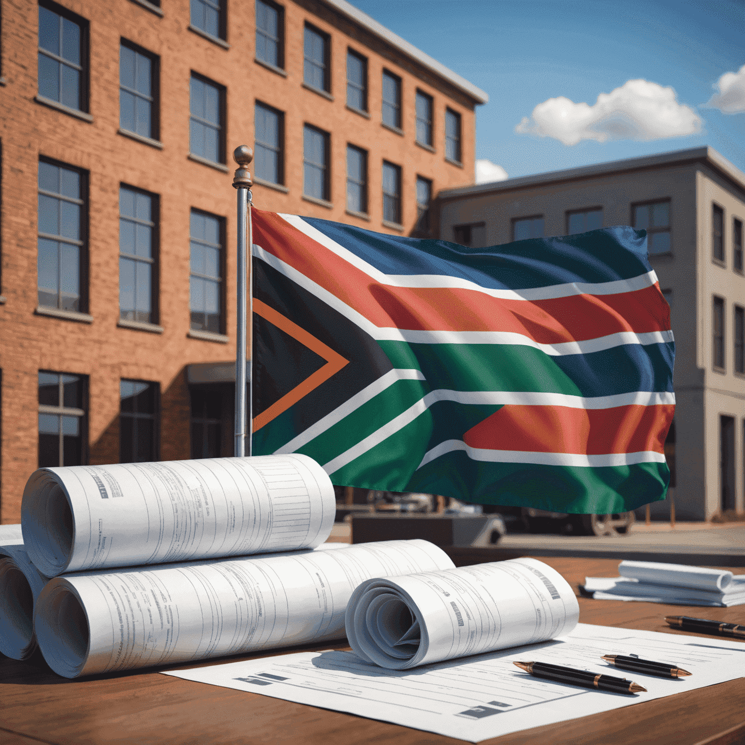 South African flag with industrial buildings and legal documents, symbolizing localization compliance