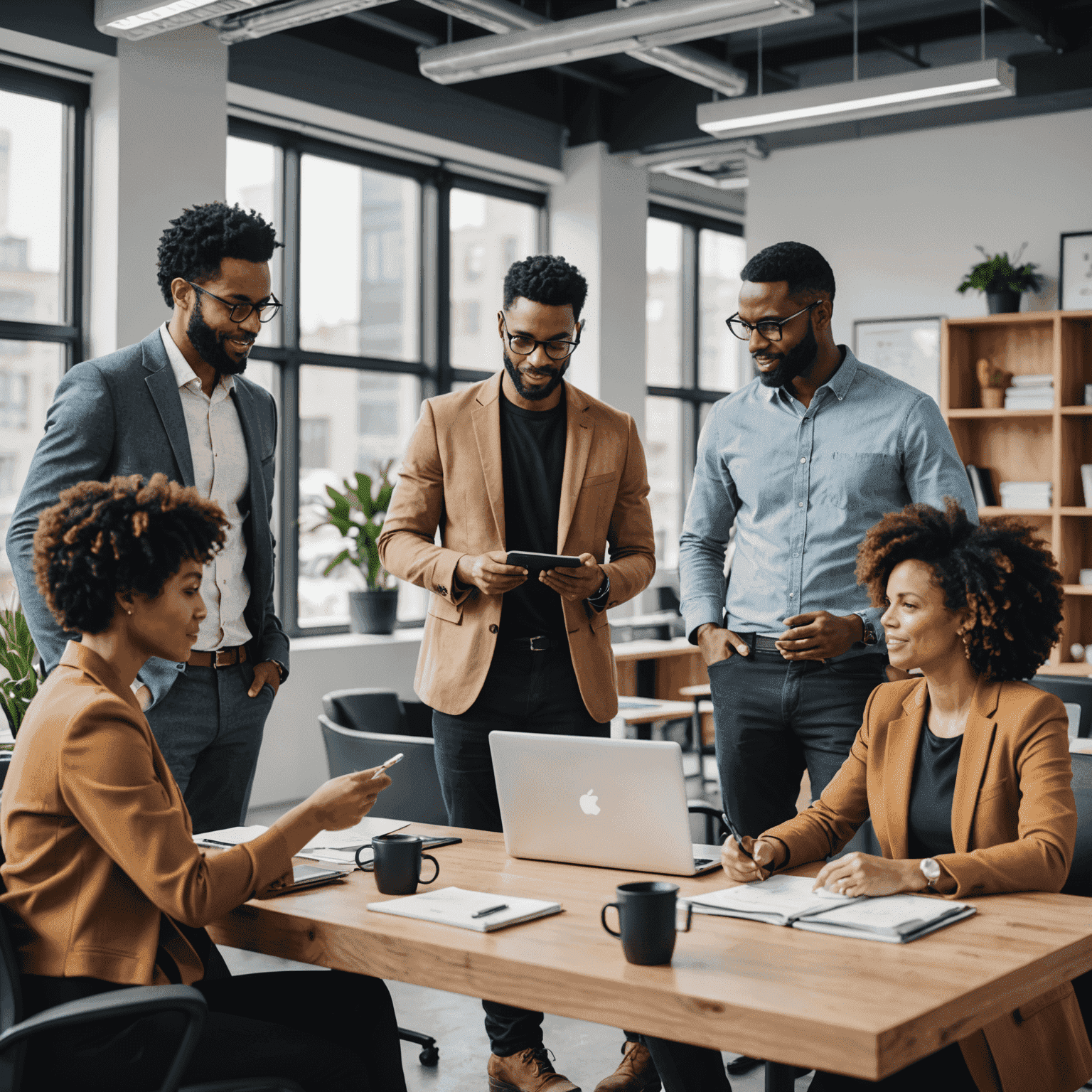 A diverse group of small business owners collaborating in a modern office space, discussing supply chain integration strategies