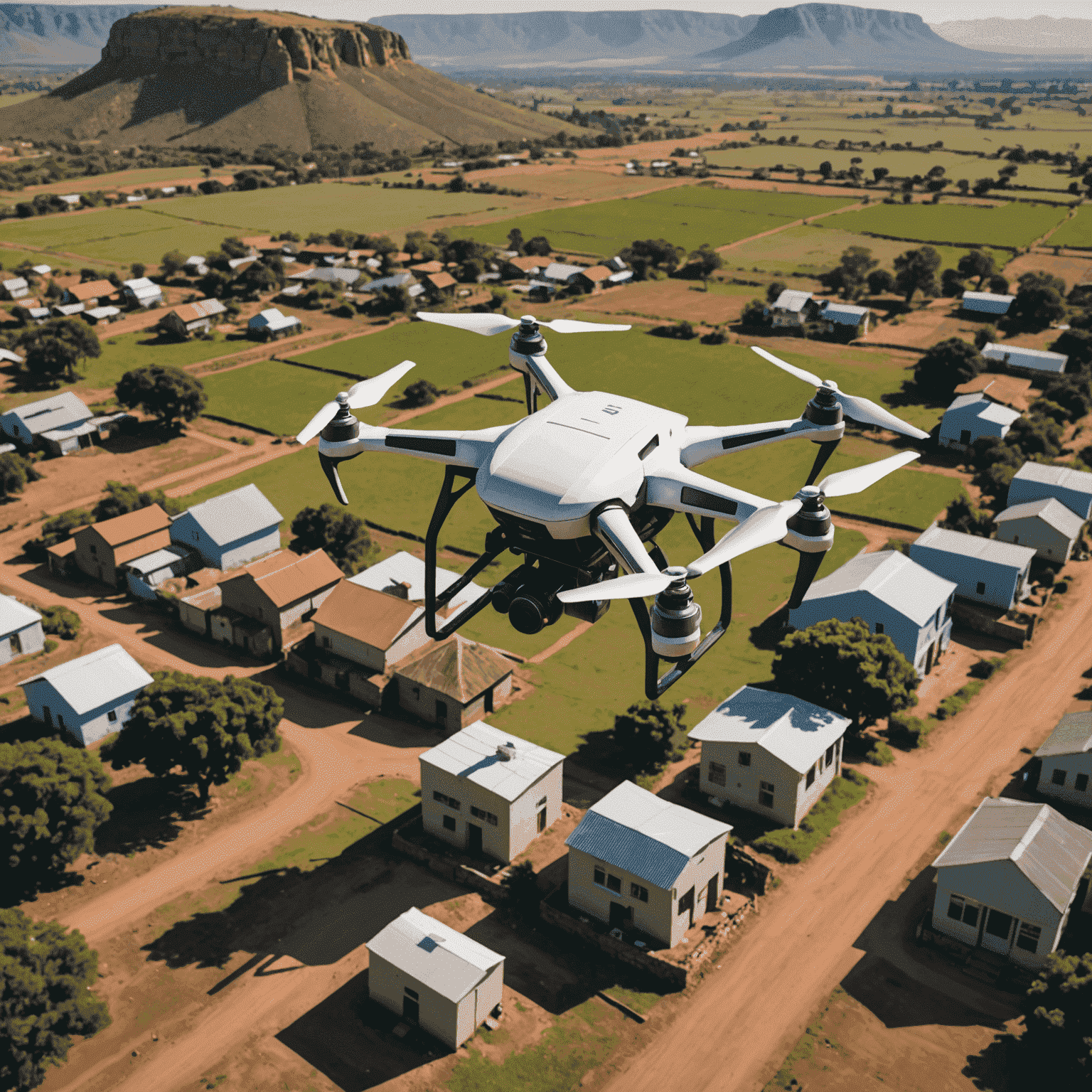 Modern drone delivering packages to a rural South African village