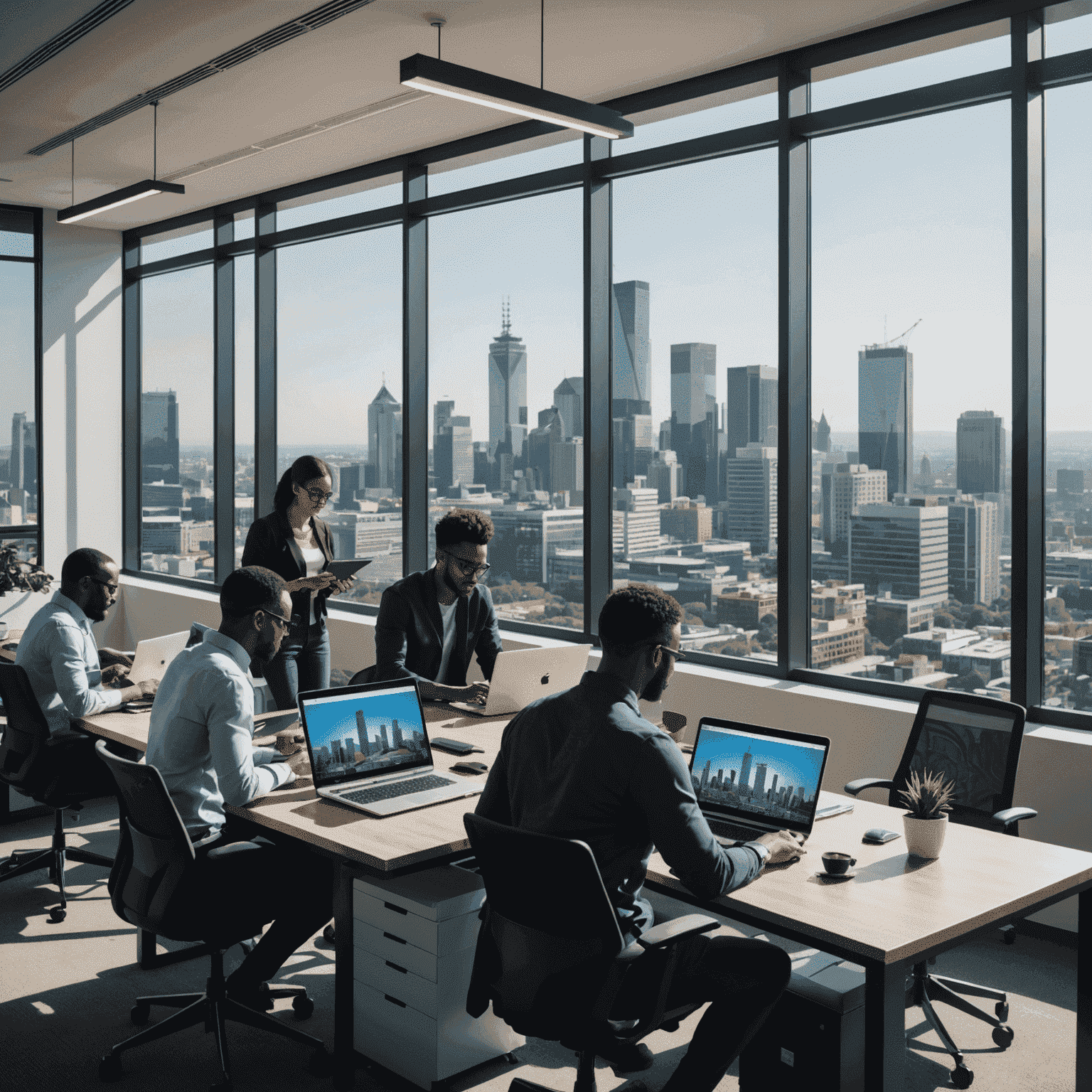 Team of diverse tech professionals working on laptops in a modern office space with Johannesburg skyline visible through large windows