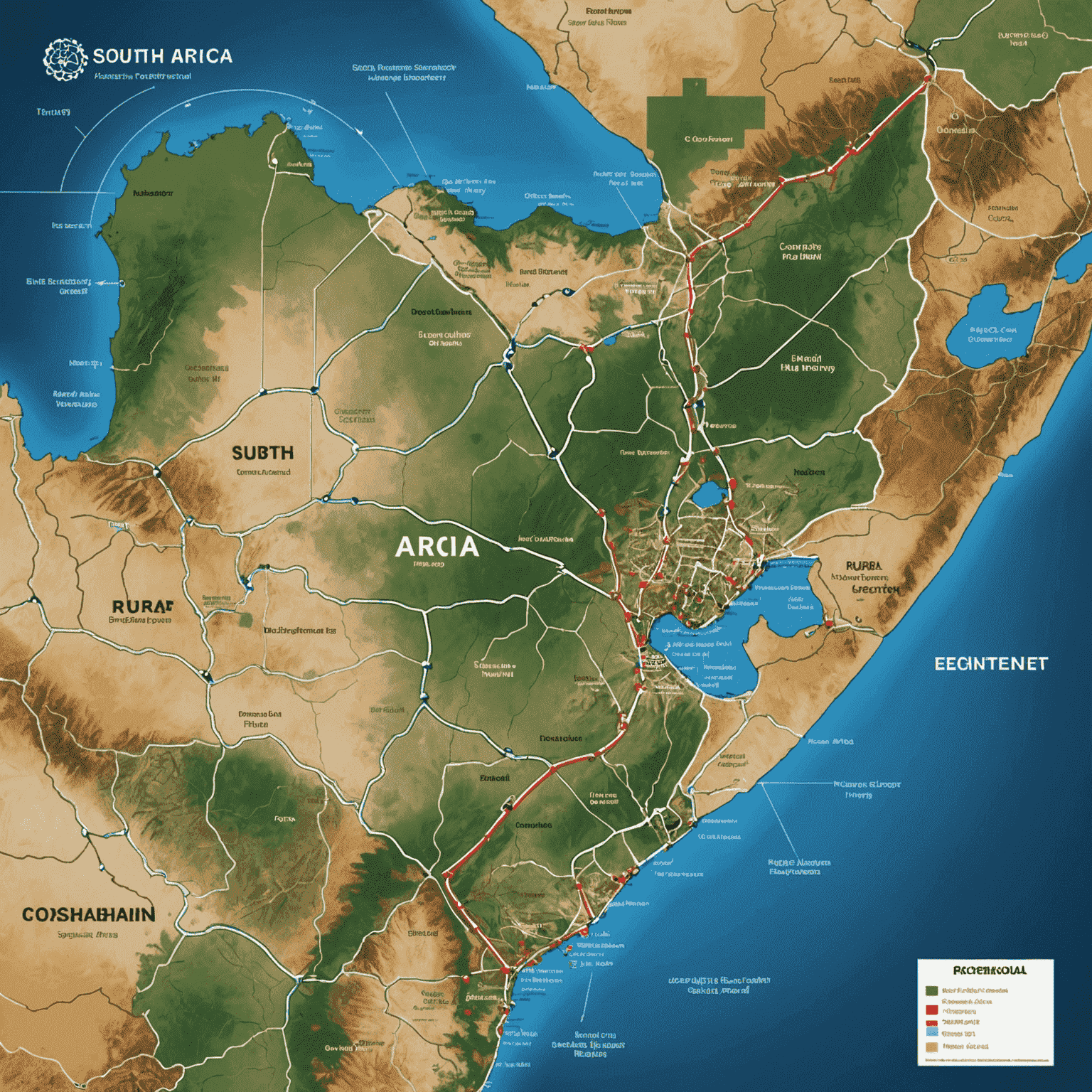 A map of South Africa highlighting various supply chain routes connecting urban centers to rural areas