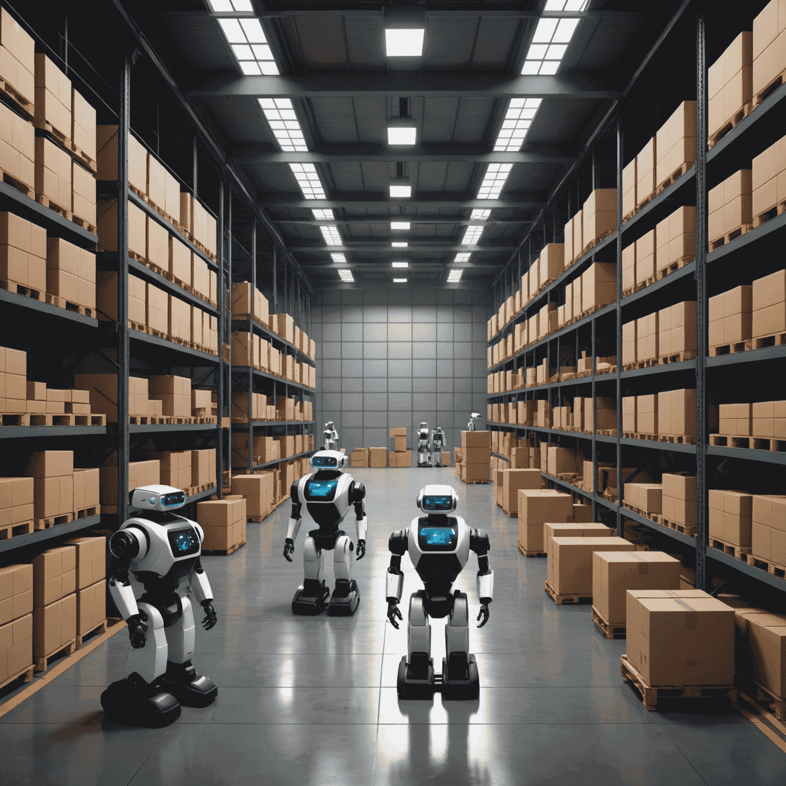 Futuristic warehouse interior with robots and AI-controlled systems managing inventory