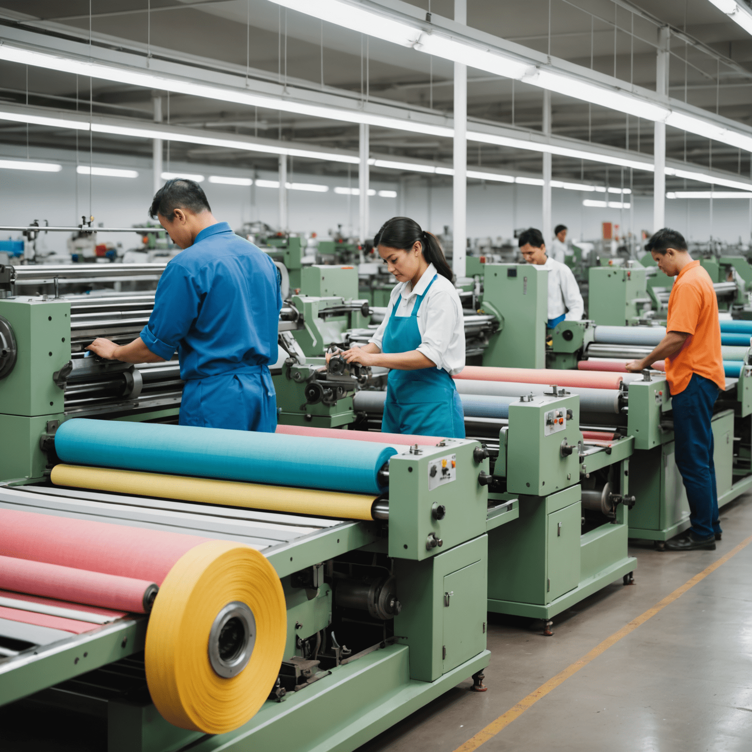 Workers operating modern textile machinery in a bright, clean factory setting with rolls of colorful locally-sourced fabrics in the background