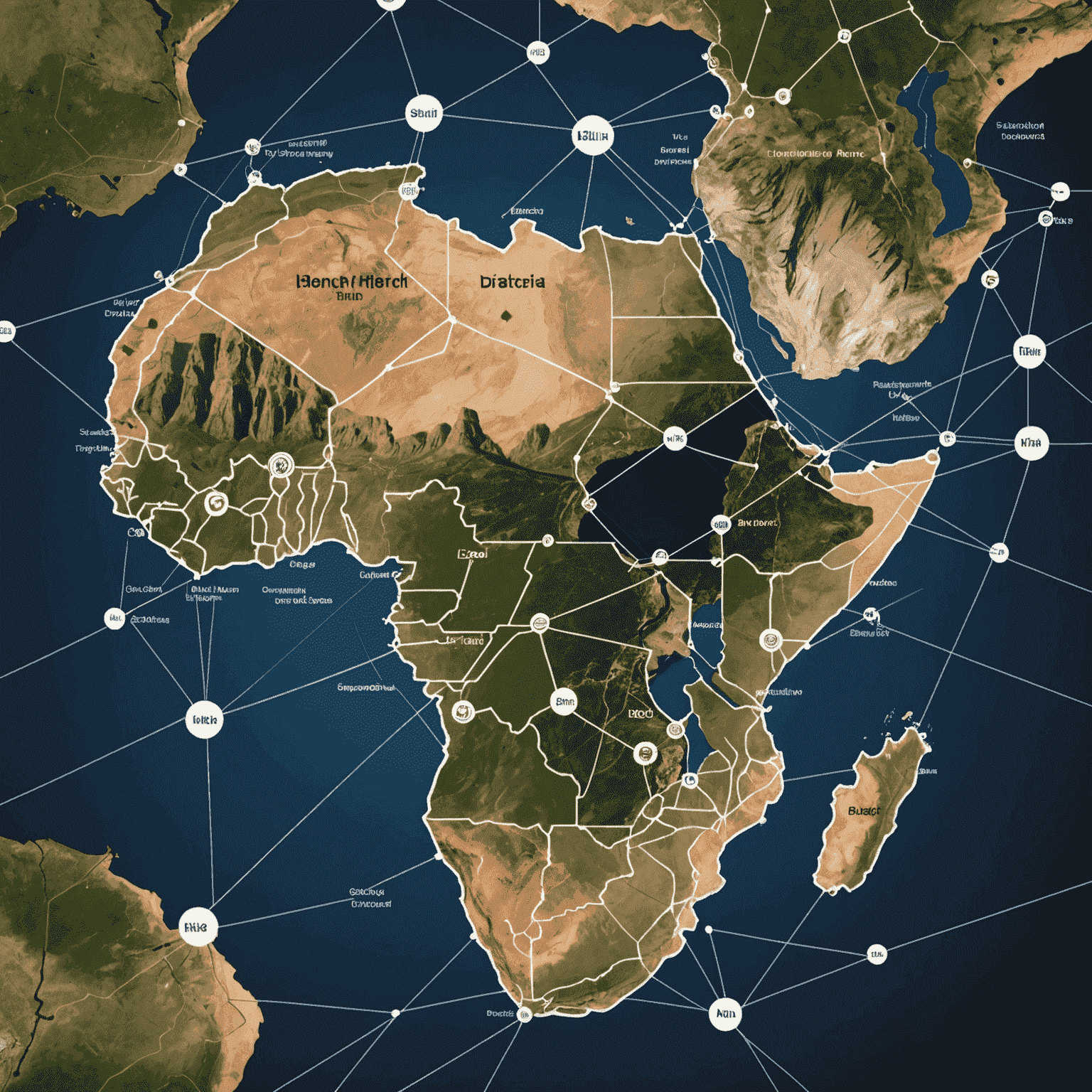 Visual representation of a blockchain network overlaid on a map of South Africa, showing supply chain connections