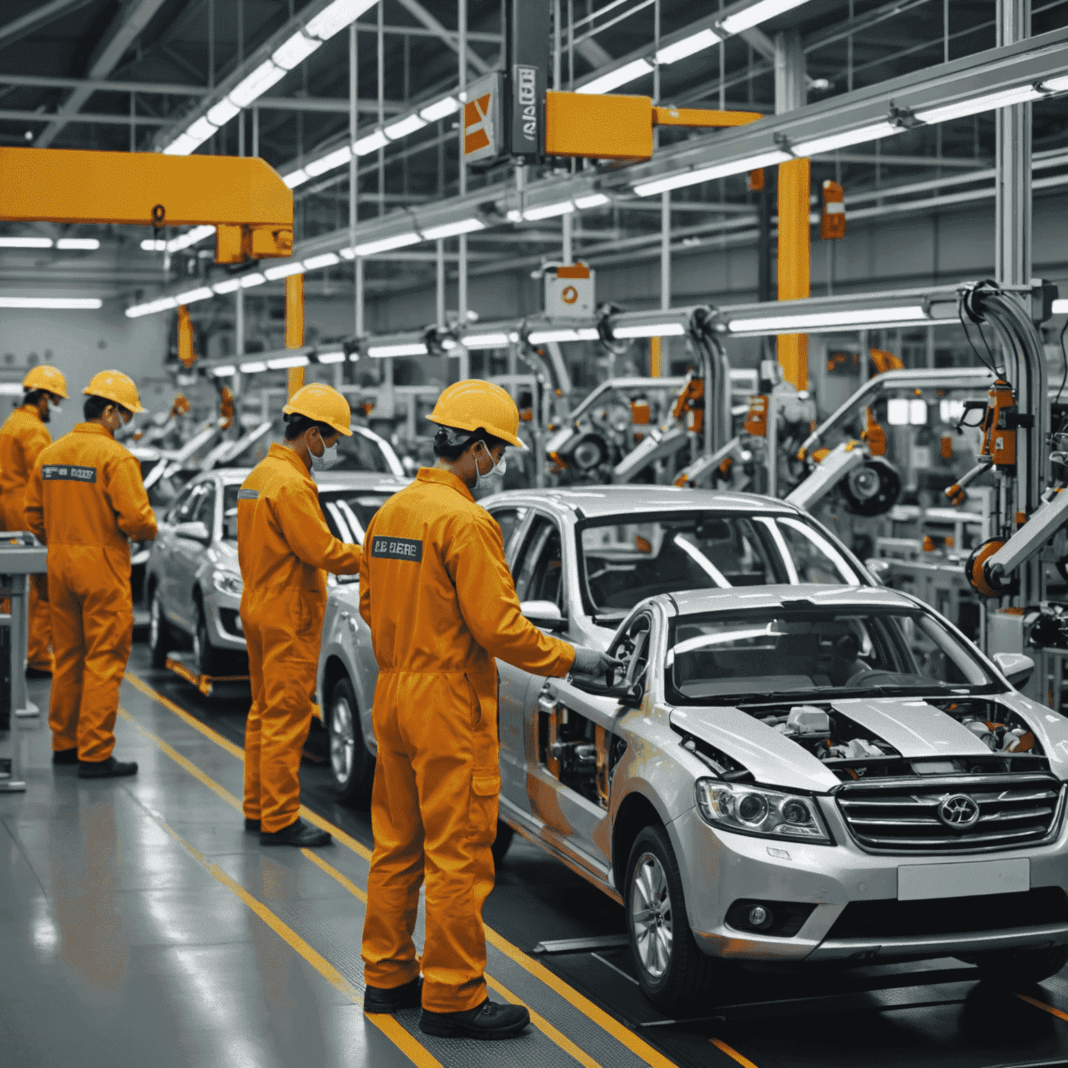 Automated assembly line producing car parts with workers in safety gear overseeing the process, South African flag prominently displayed