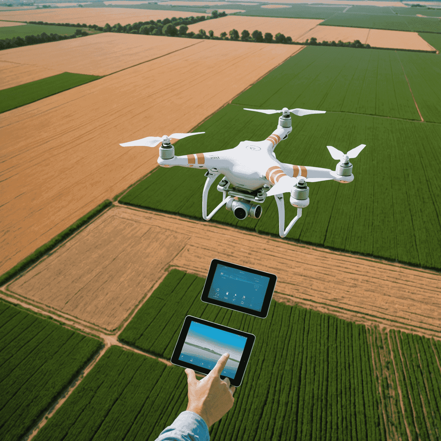 Drone flying over vast agricultural fields, with farmers using tablets to monitor crop data in real-time